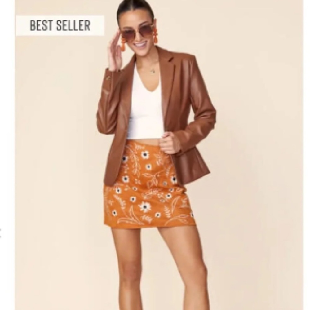 Embroidered faux suede tan mini skirt